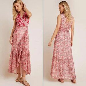 ANTHROPOLOGIE RANNA GILL ALEXANDRA FLORAL EMBROIDERED BEADED RUFFLE WRAP DRESS